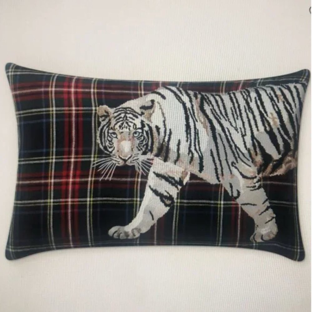 Tiger embroidered tartan pillow cover William Sonoma home